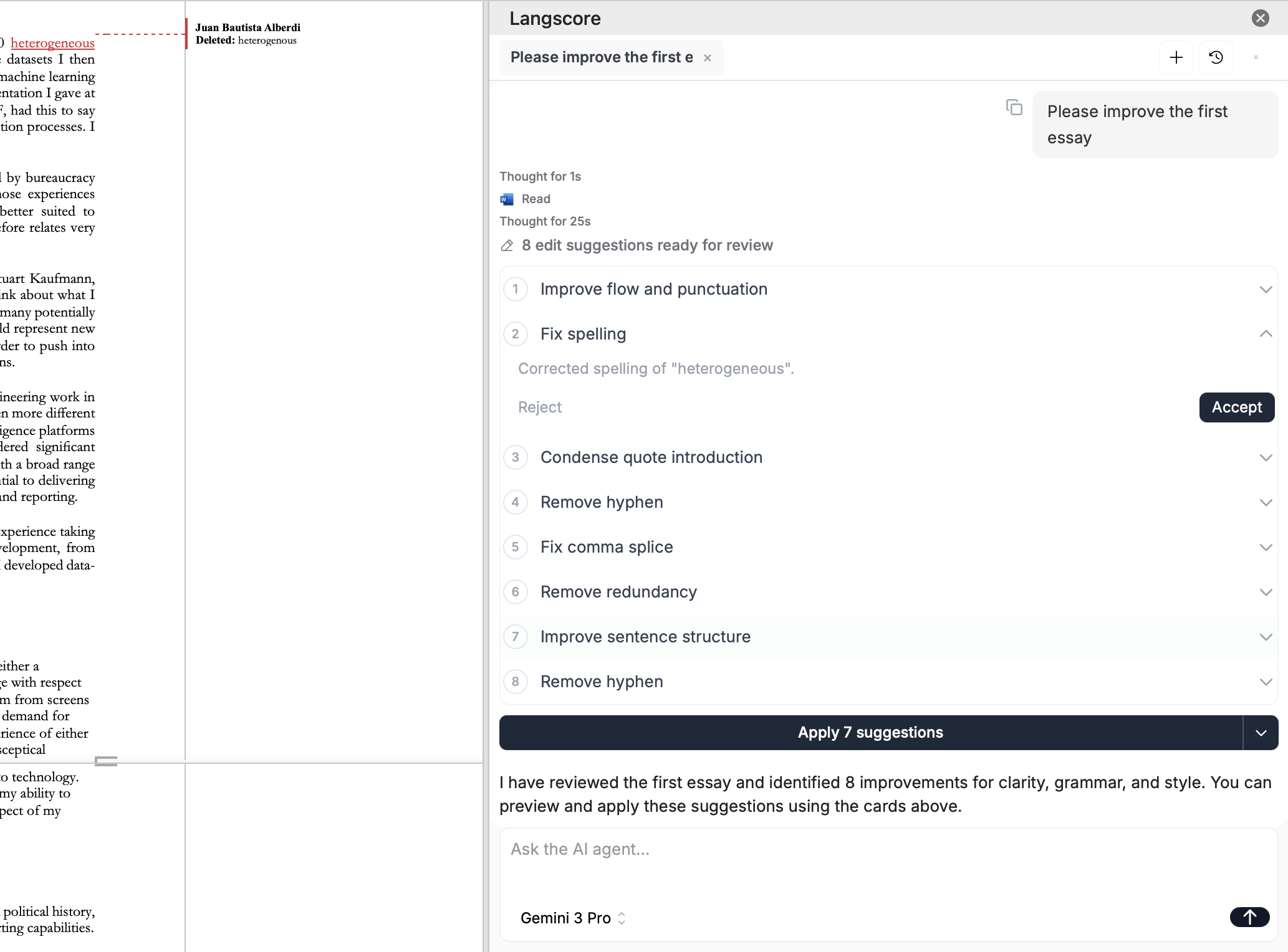 Langscore Word Add-in showing AI edit suggestions with track changes