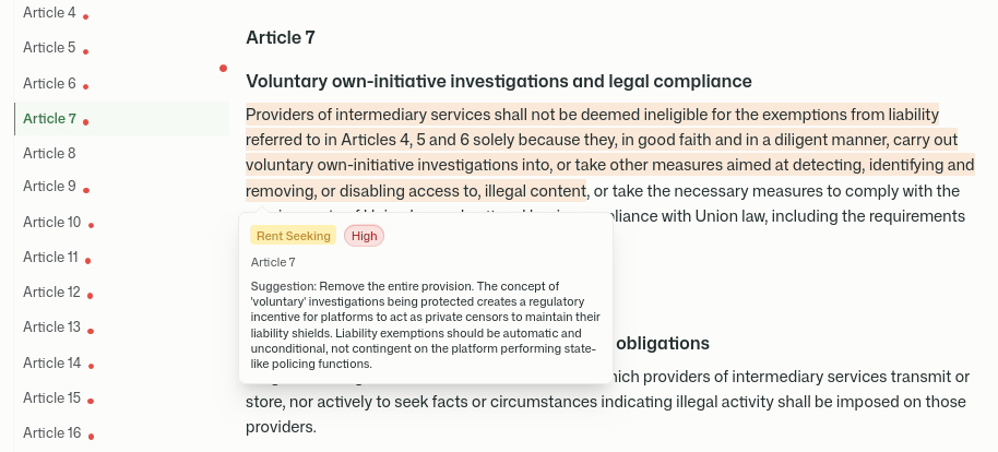 Tooltip showing rent-seeking detection with suggested reform